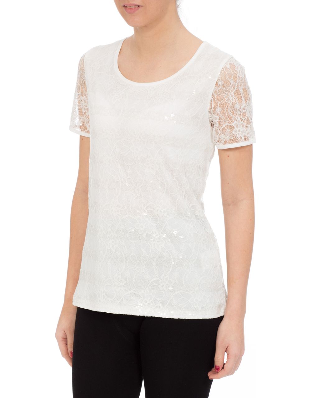 Anna Rose Short Sleeve Lace And Sequin Top