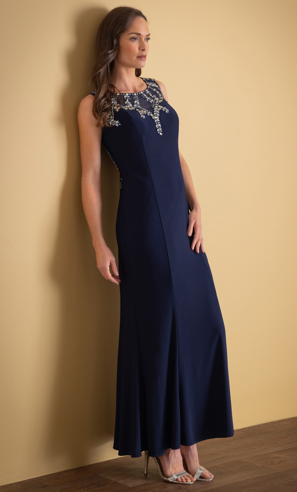 Klass Embellished Sleeveless Luxury Maxi Evening Dress Midnight/Silver Women’s