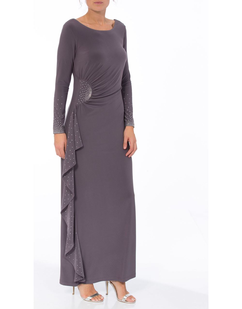 Grey chiffon cap outlet sleeve embellished maxi dress