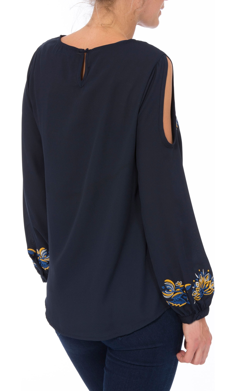 Embroidered Cold Shoulder Chiffon Top