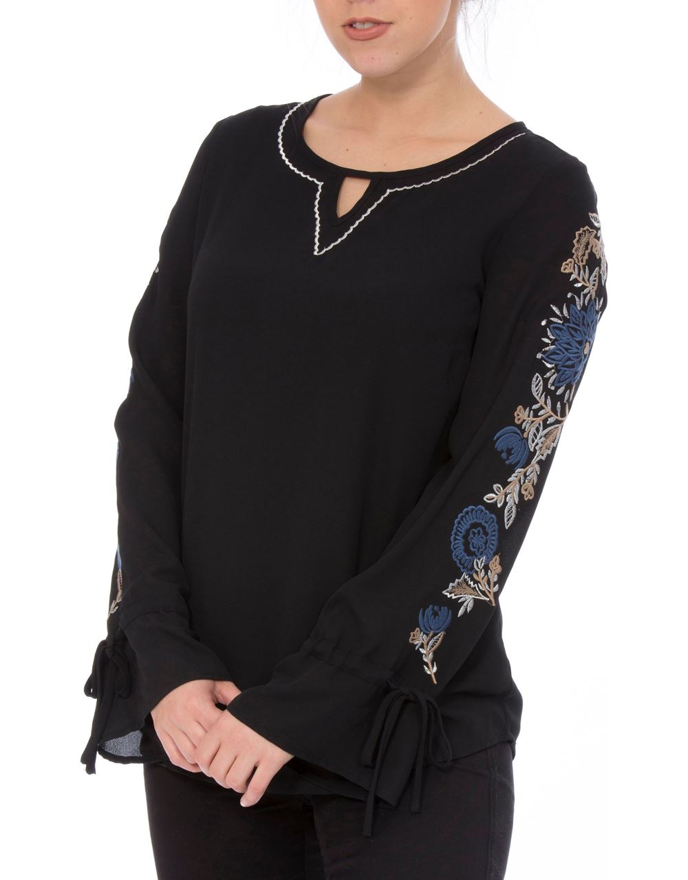 Embroidered Long Tie Sleeve Chiffon Top