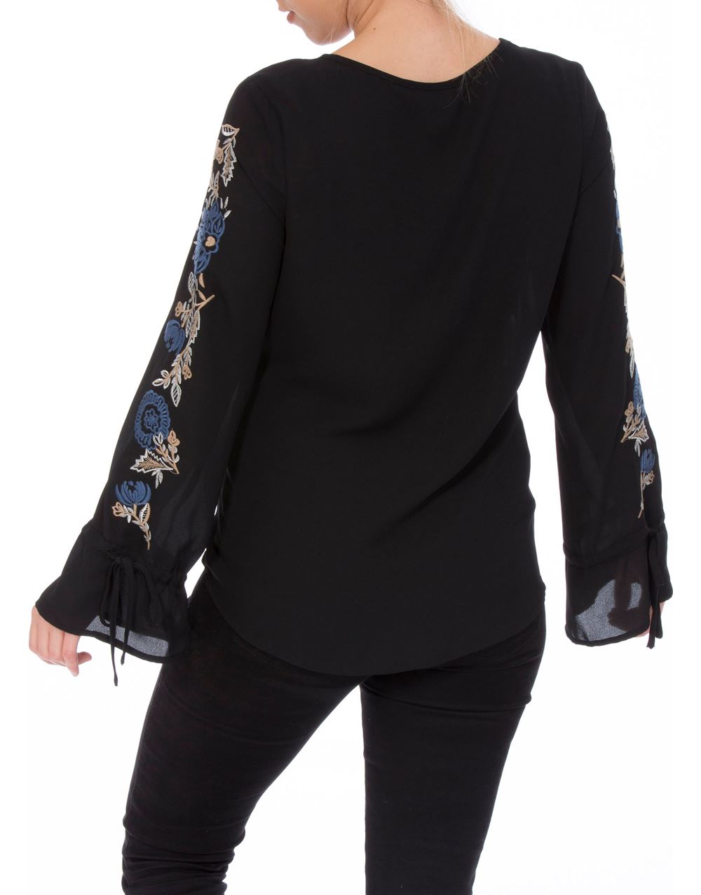 Embroidered Long Tie Sleeve Chiffon Top