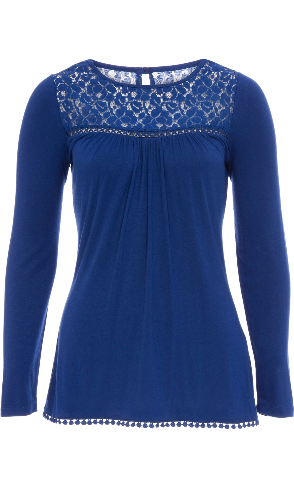 Long Sleeve Lace Trim Jersey Top in Blue | Klass