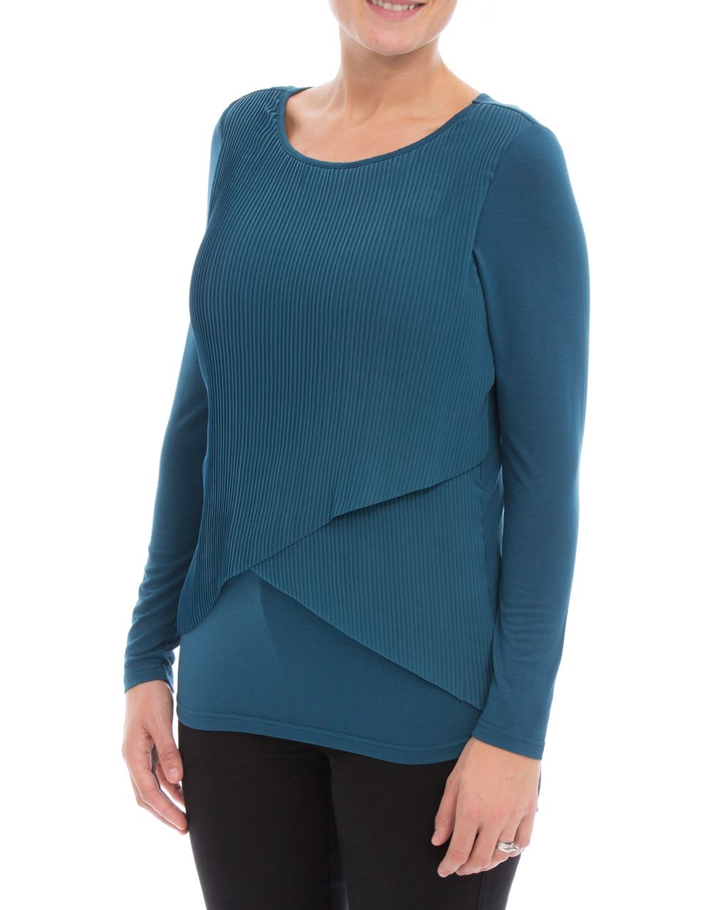 Pleated Georgette And Jersey Long Sleeve Top