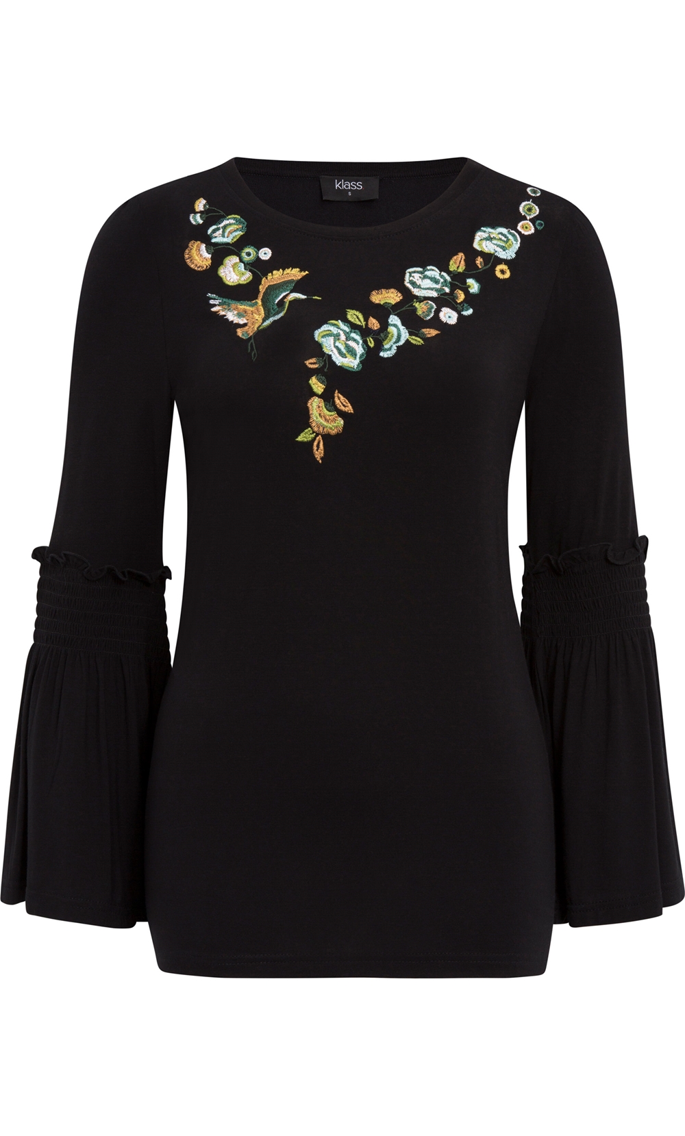 Embroidered Jersey Bell Sleeve Top