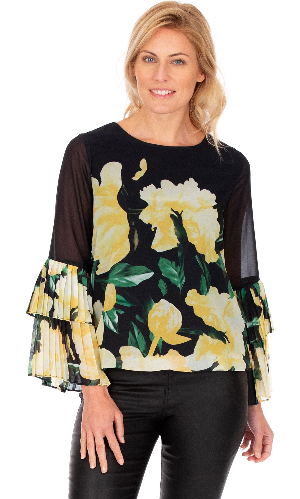 Floral Printed Layered Pleated Cuff Top