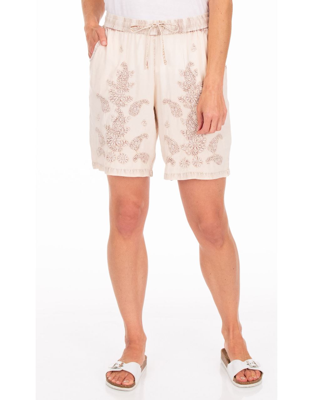 Embroidered Pull On Washed Shorts