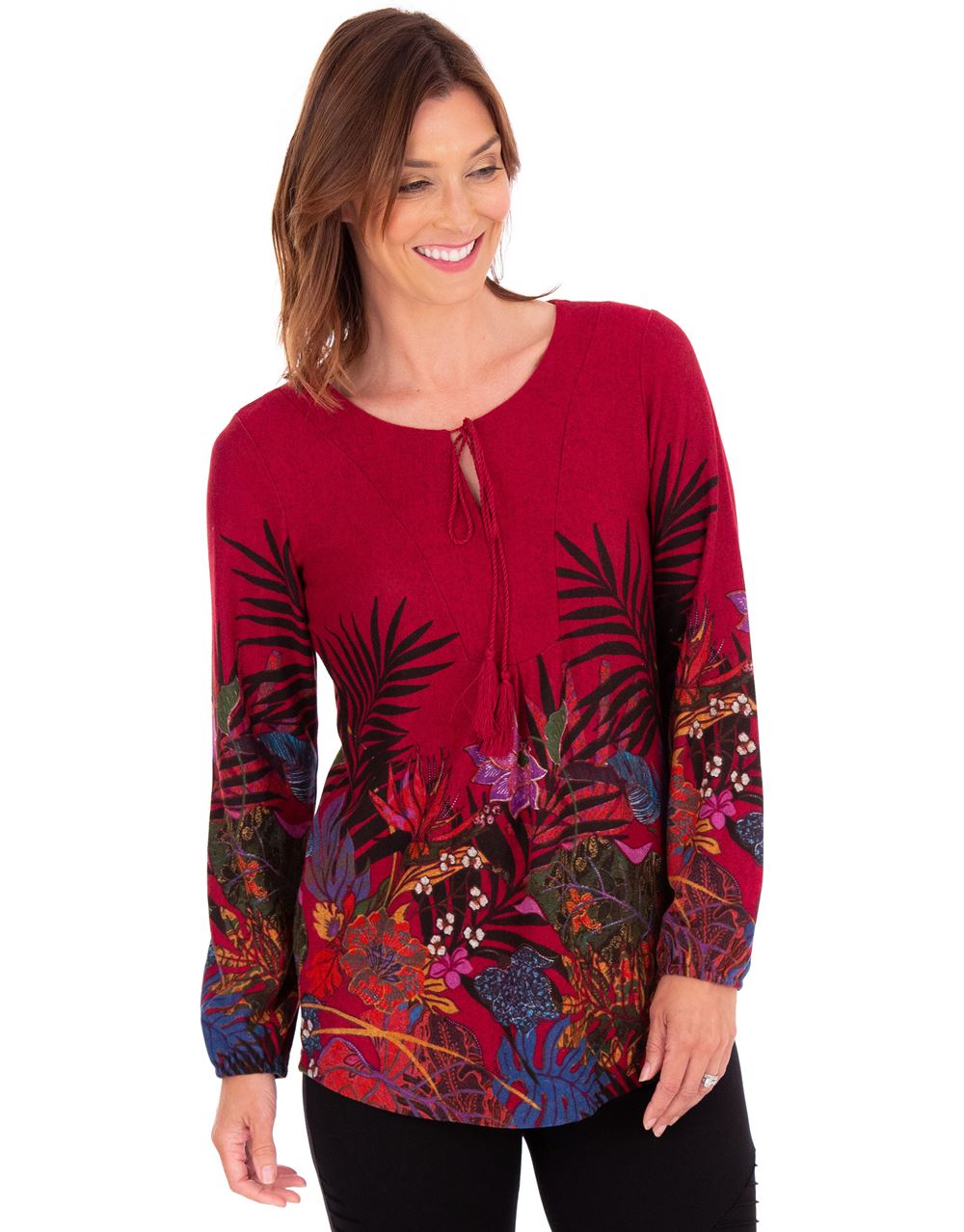 Printed Brushed Knit Tunic in Red | Klass