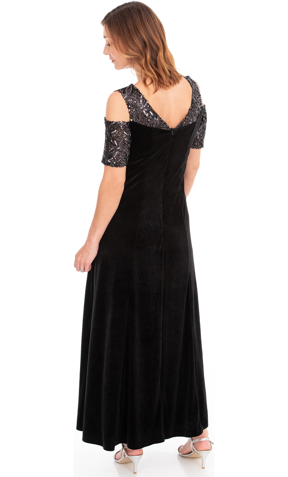Velour And Embellished Mesh Maxi Dress
