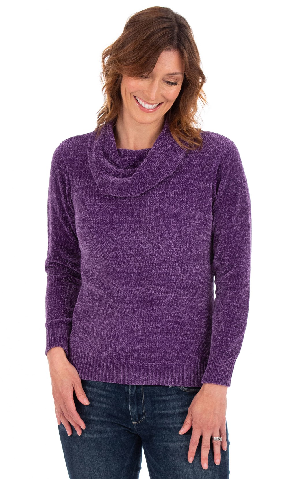 Cowl Neck Chenille Knit Top in Purple | Klass