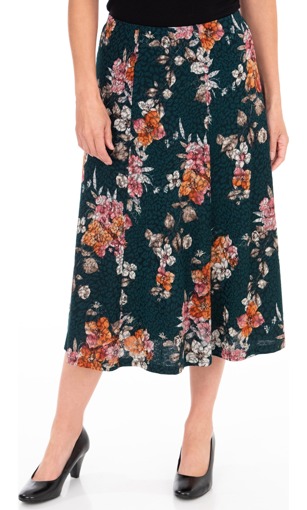 Anna Rose Floral Print Panelled Midi Skirt in Green | Klass