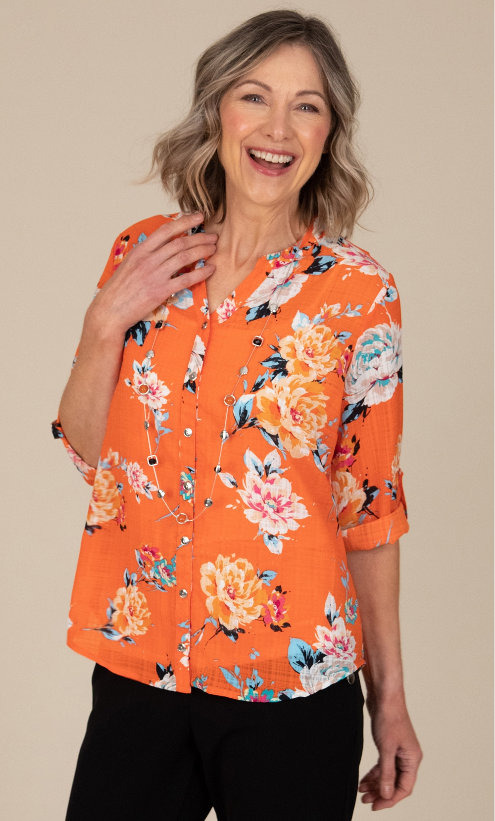 Anna Rose Floral Print Blouse With Necklace