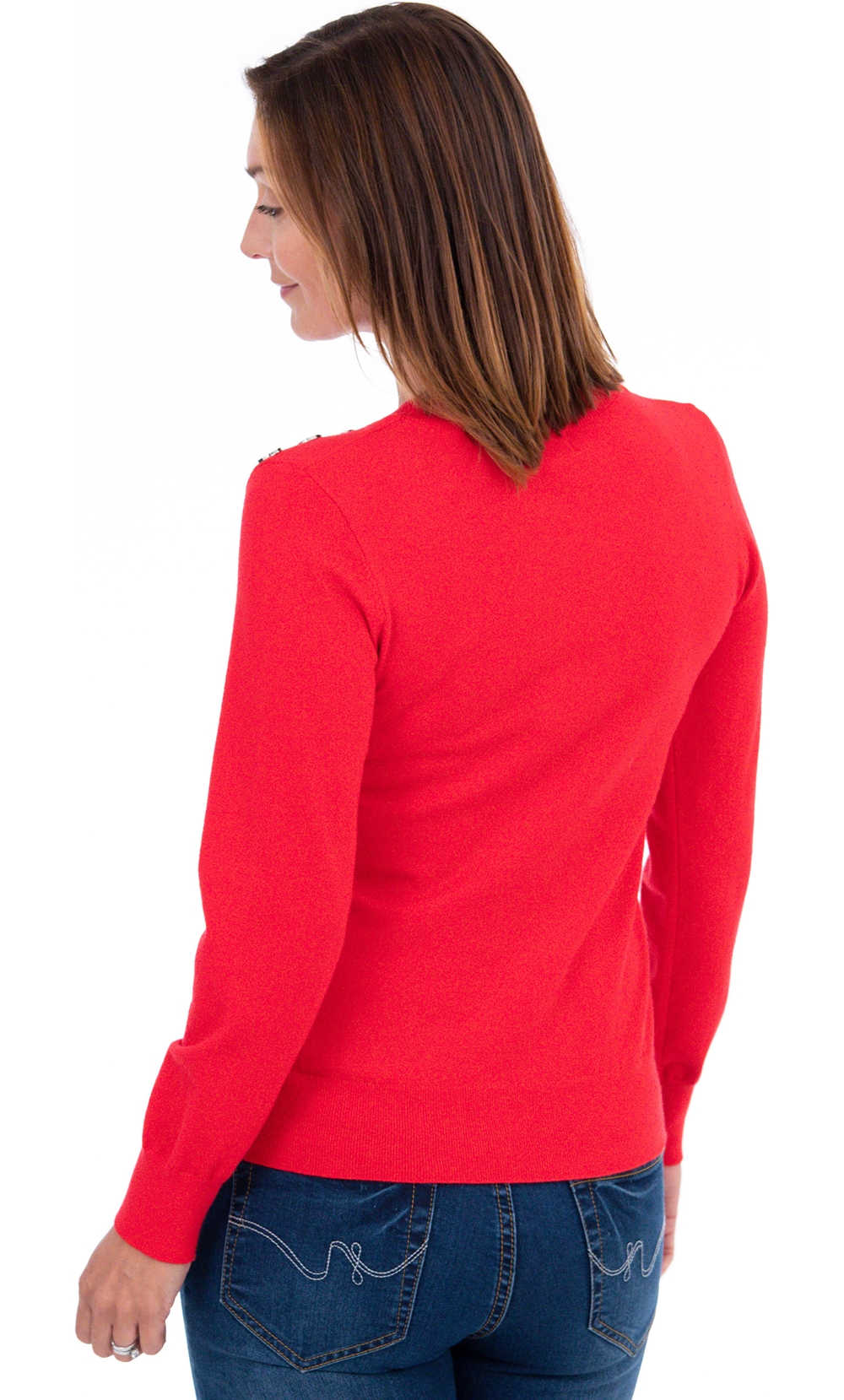 Long Sleeve Embellished Knit Top in Red | Klass