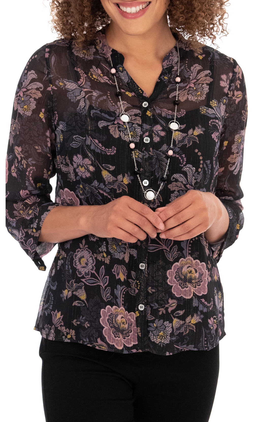 Anna Rose Sheer Floral Top With Necklace