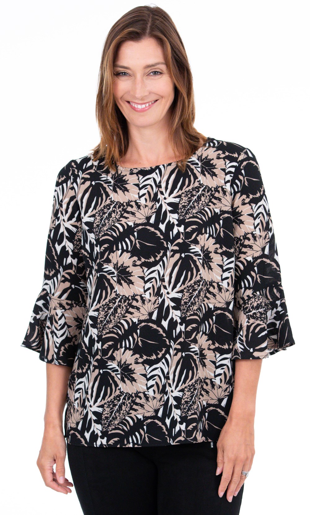 Leaf Print Fluted Sleeve Blouse