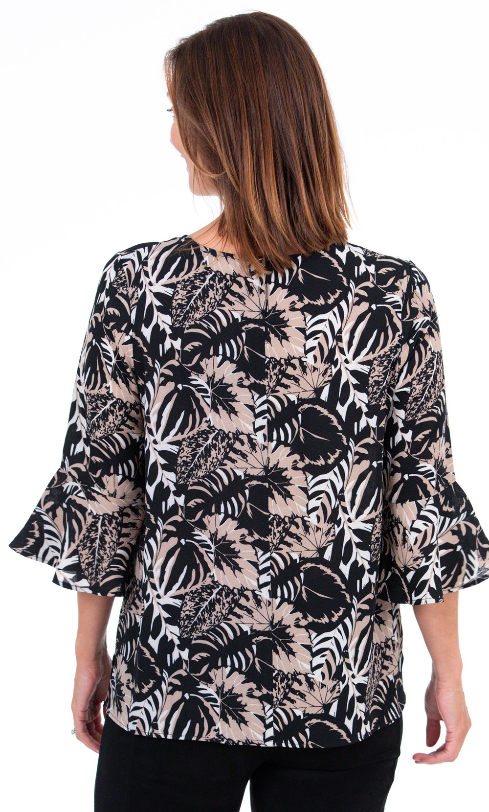 Leaf Print Fluted Sleeve Blouse