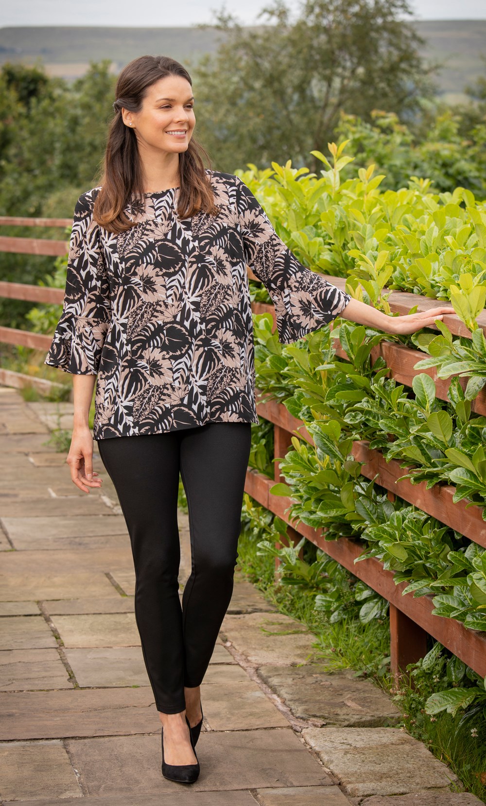 Leaf Print Fluted Sleeve Blouse