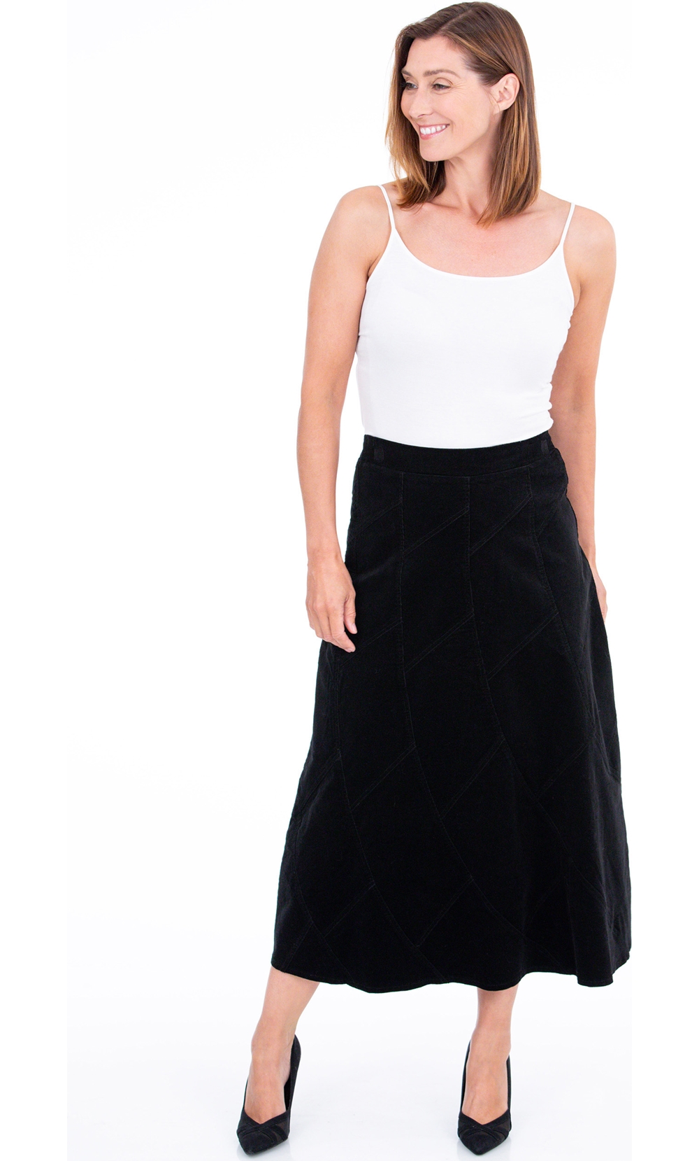 Panelled Cord Skirt in Black | Klass