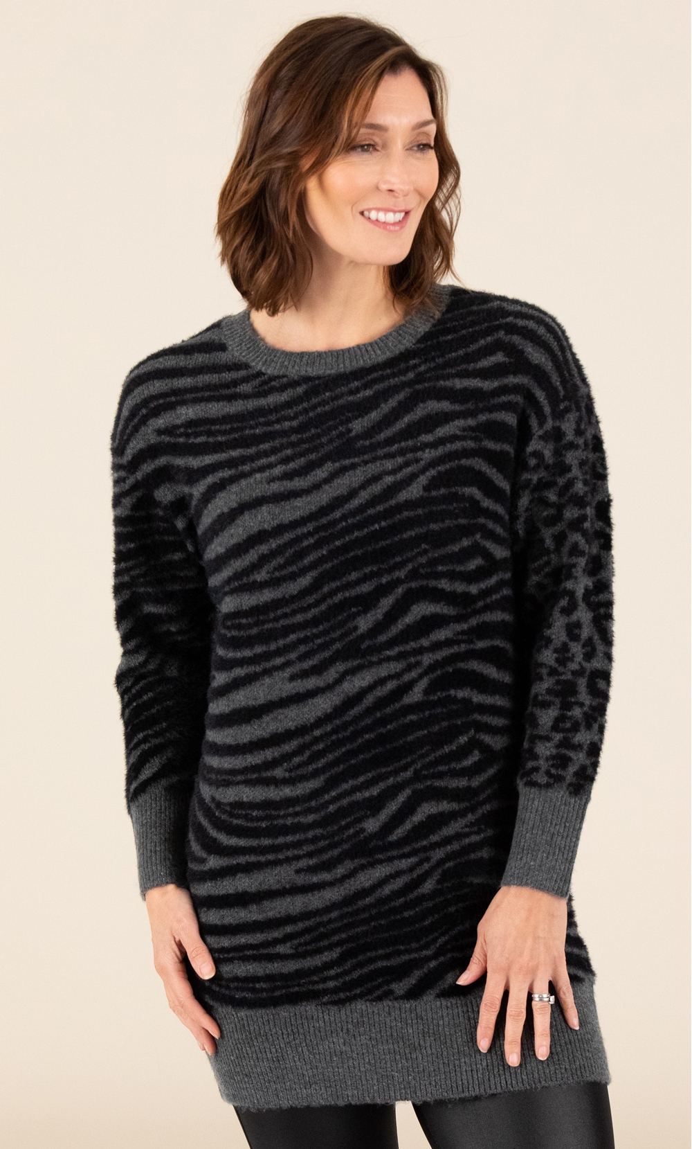Animal Print Feather Knit Top in Grey | Klass