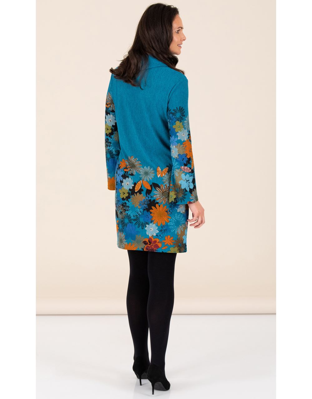 Floral Border Print Knitted Cowl Neck Dress