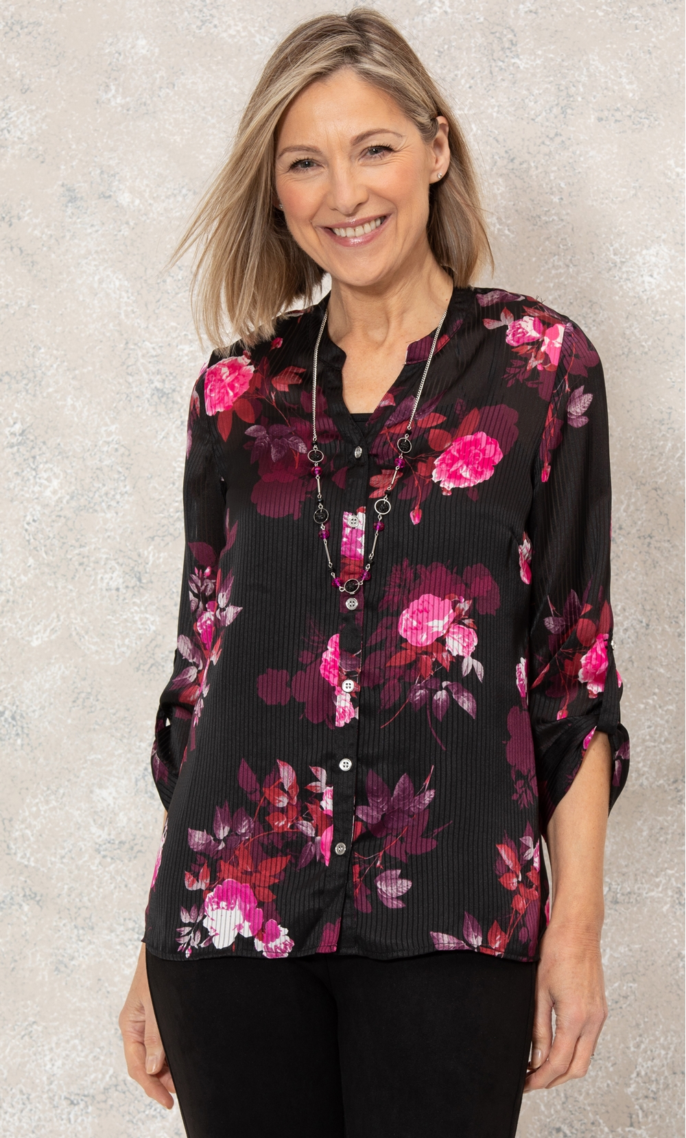 Anna Rose Floral Chiffon Blouse With Necklace in Black | Klass
