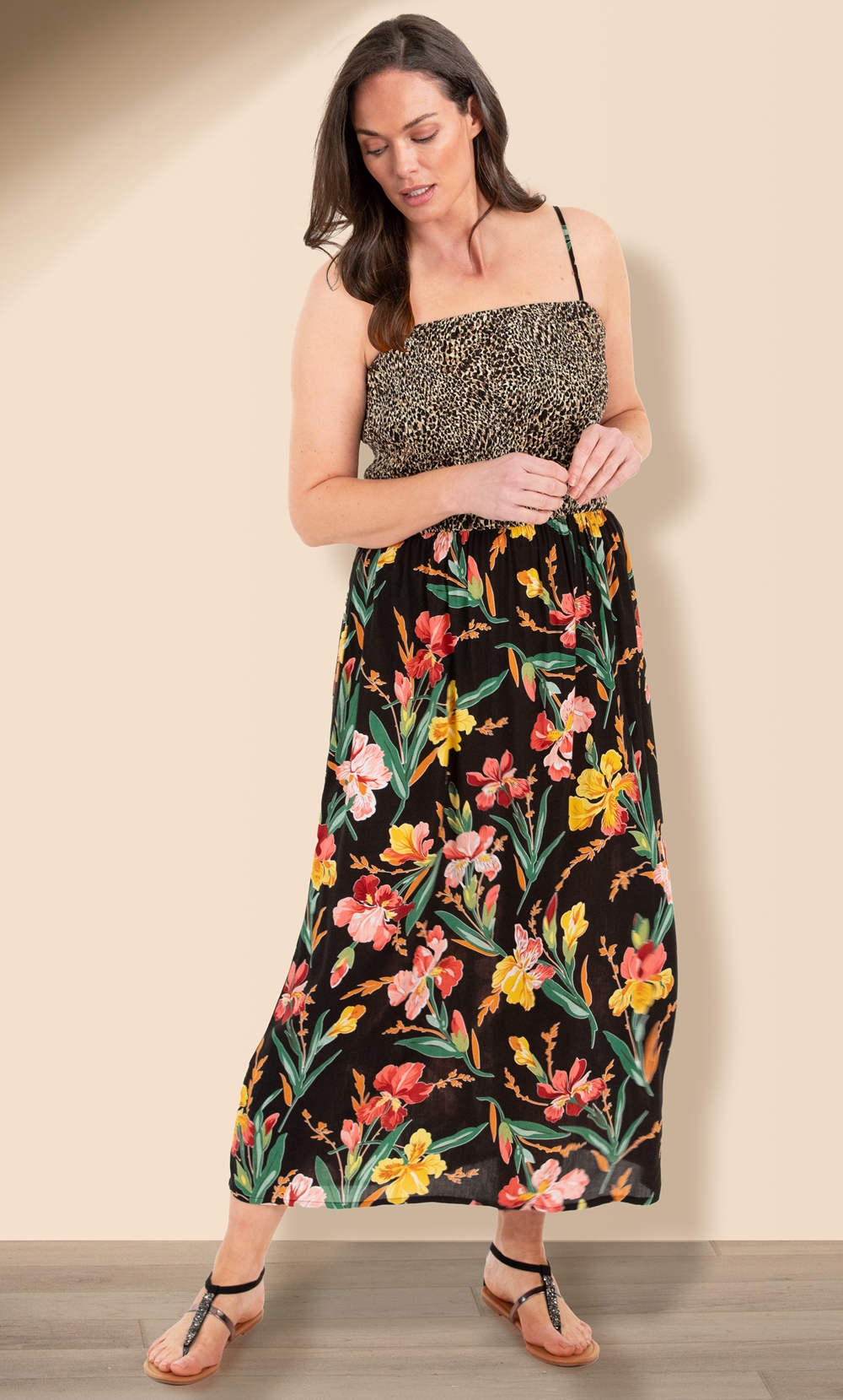 Animal And Floral Print Strappy Maxi Dress