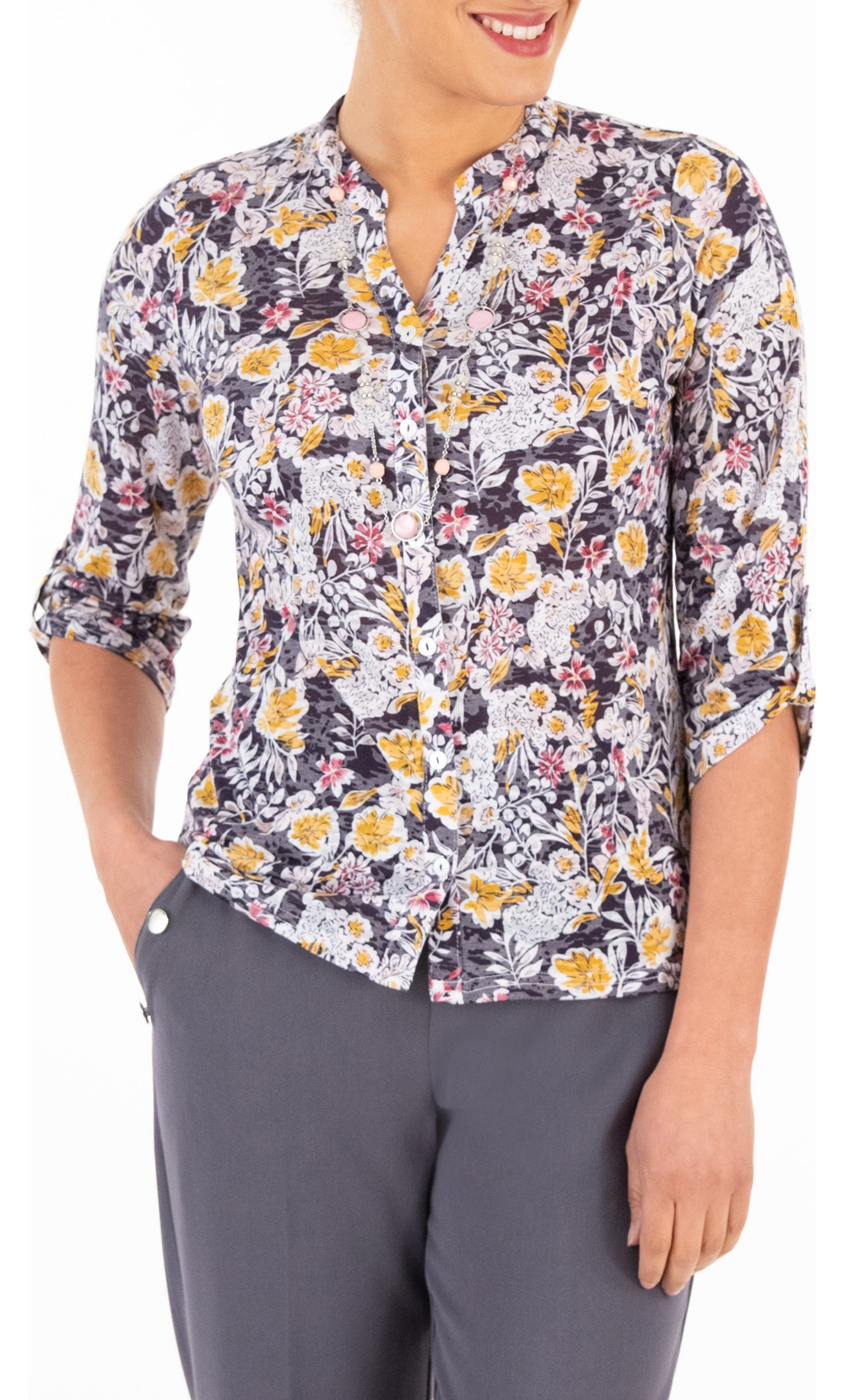Anna Rose Floral Print Jersey Blouse With Necklace