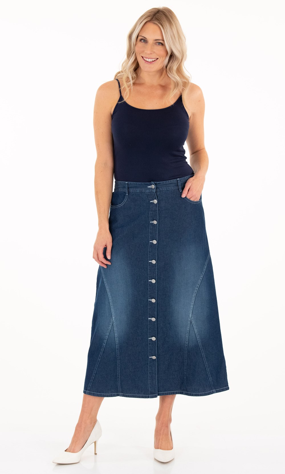 Button Maxi Denim Skirt