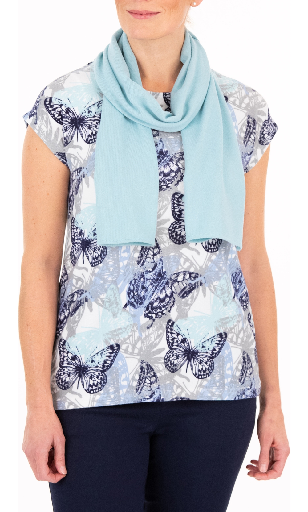 Anna Rose Butterfly Print Knit Top With Scarf