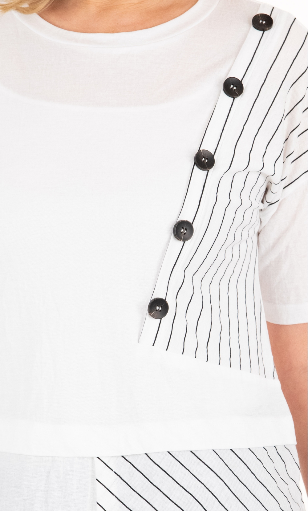 Button And Stripe Short Sleeve Top