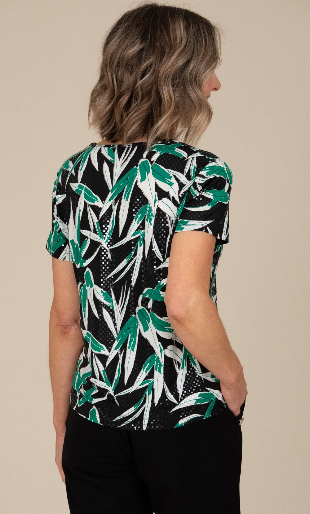 Anna Rose Leaf Print Shimmer Jersey Top
