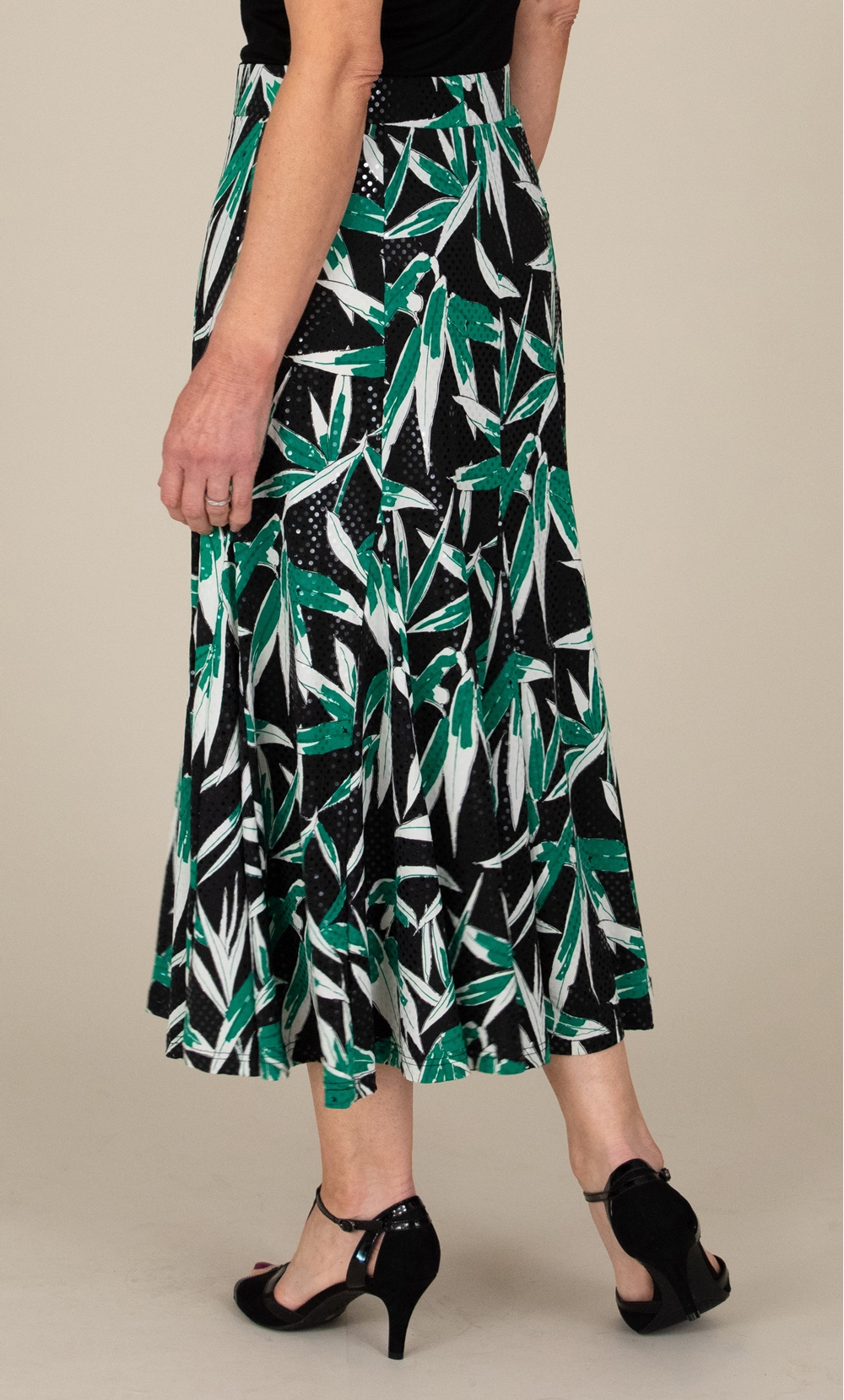 Anna Rose Leaf Print Shimmer Midi Skirt