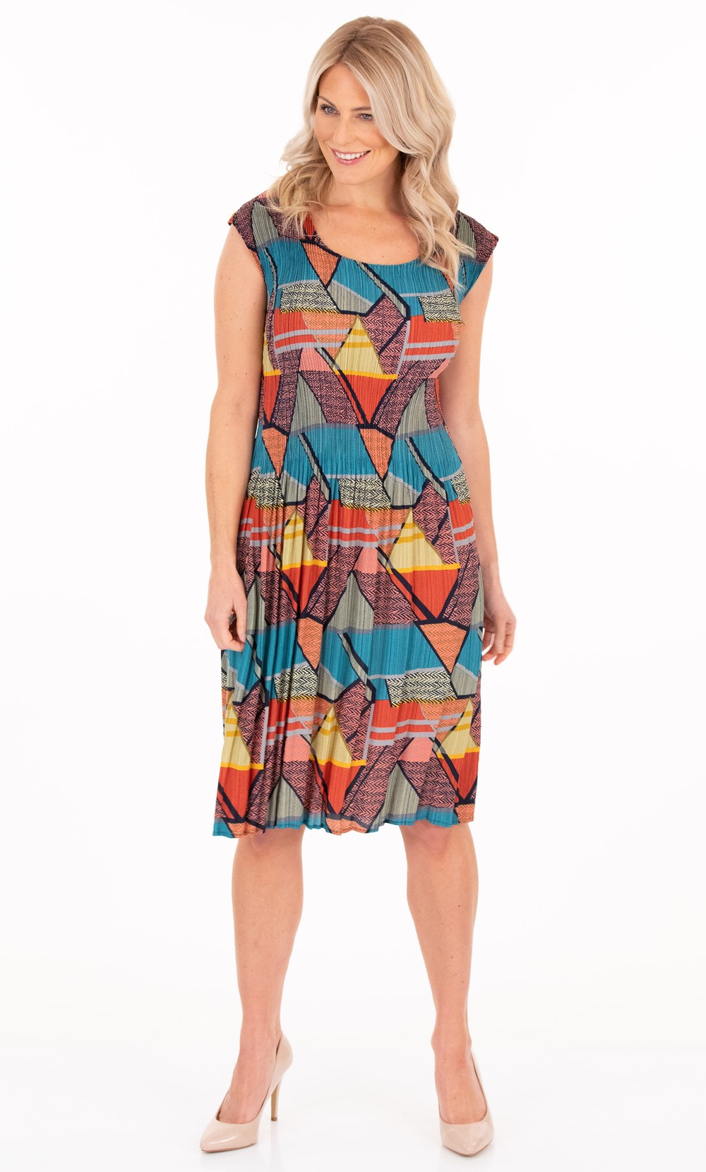 Geometric Print Pleated Midi Dress