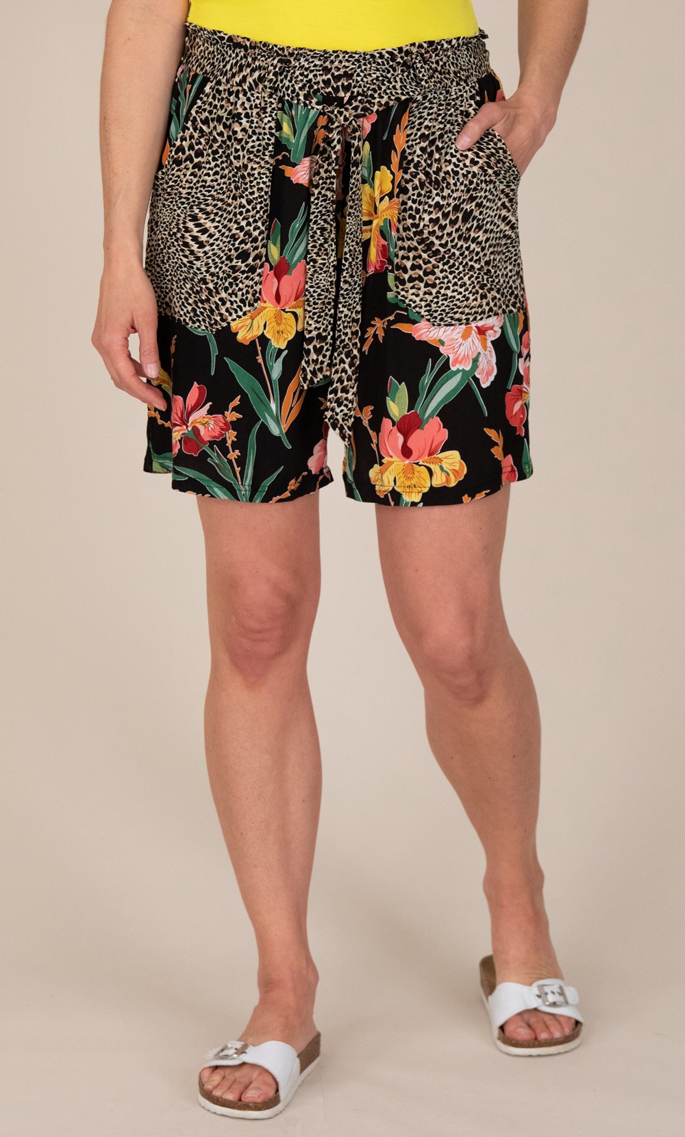 Animal And Floral Print Belted Shorts