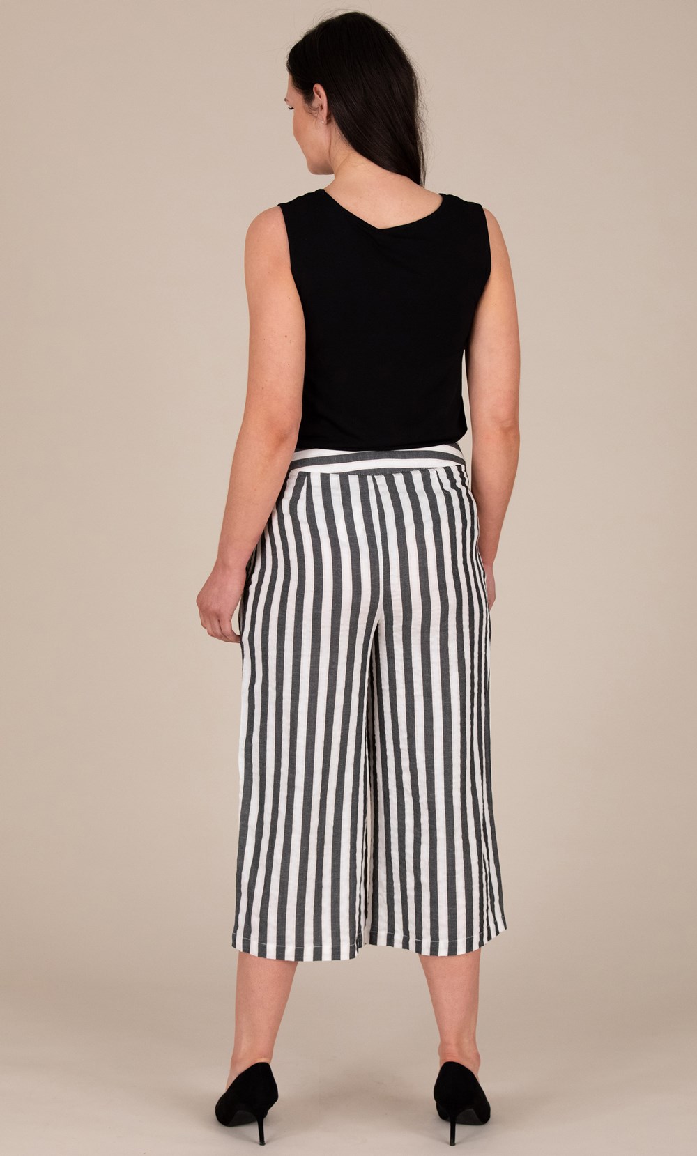 Cotton Blend Wide Leg Striped Cropped Trousers