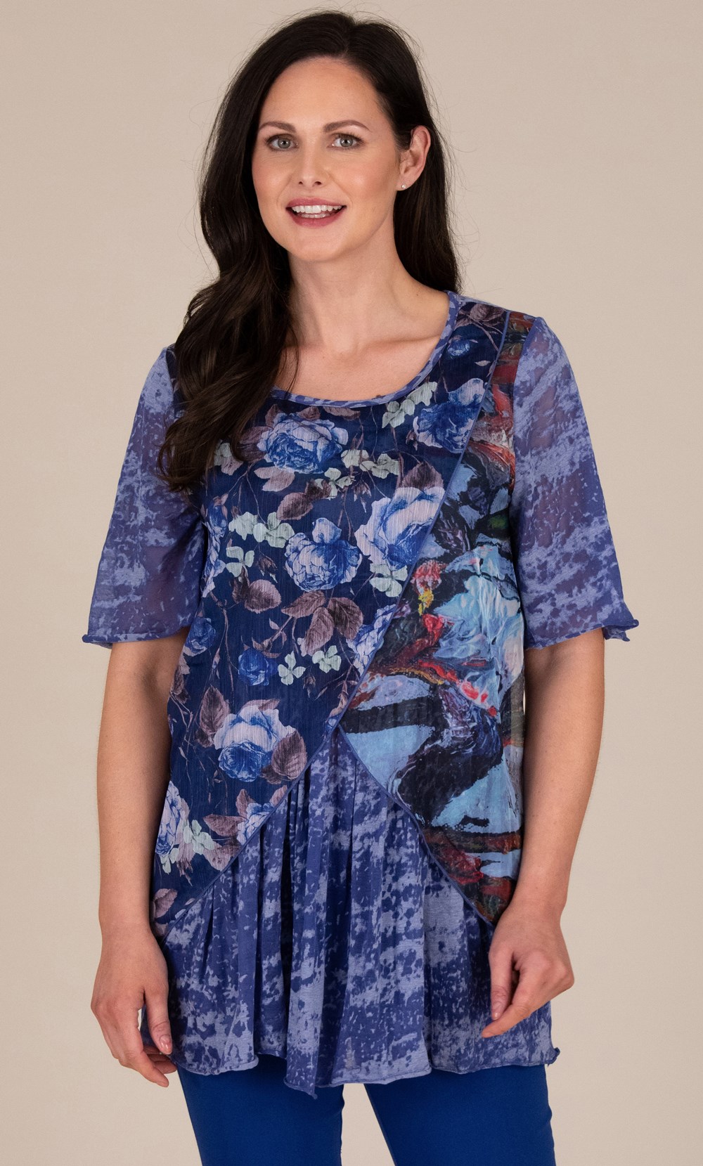 Floral Printed Layered Chiffon and Jersey Top