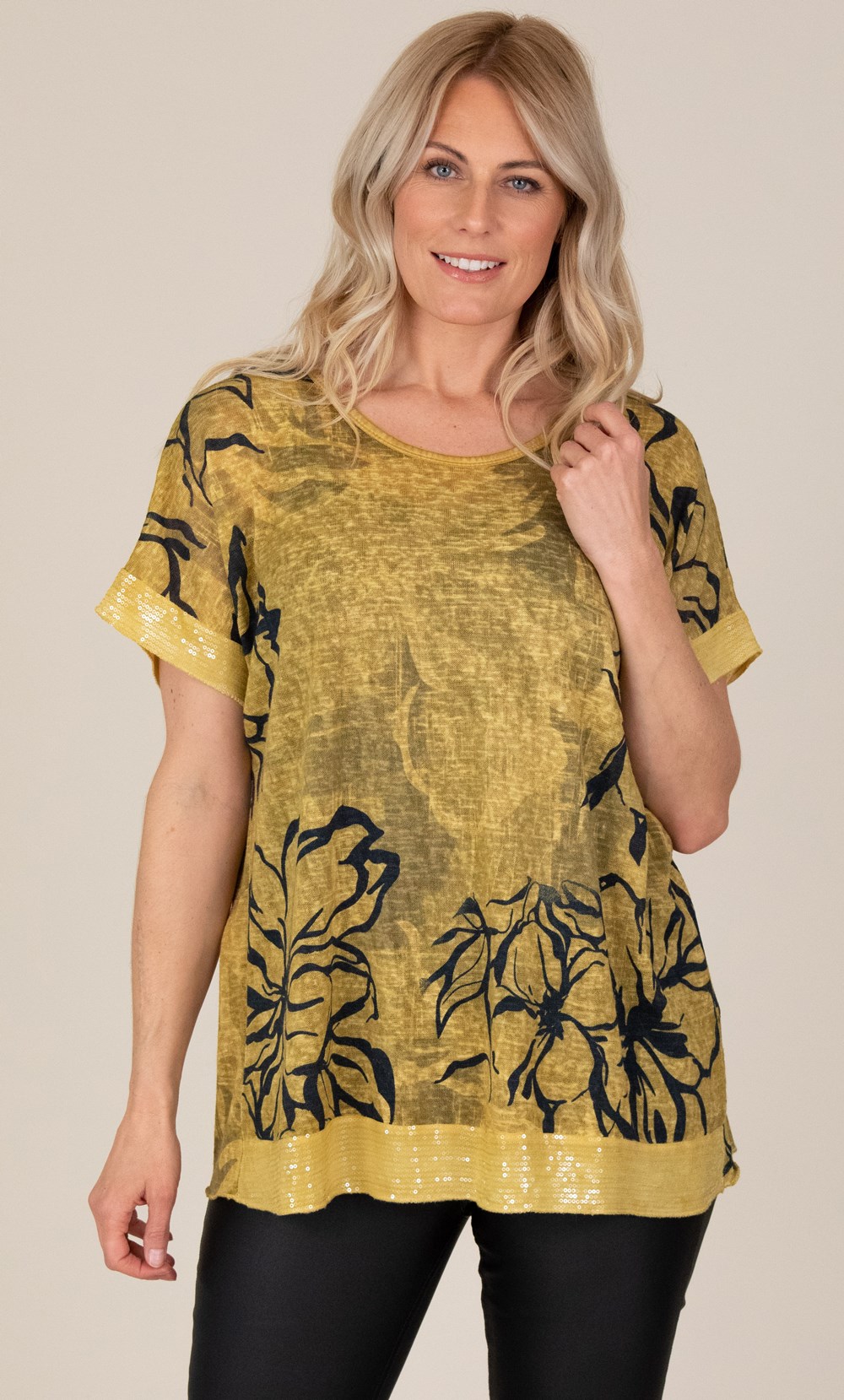 Sequin Trimmed Cotton Blend Oversized Printed Top