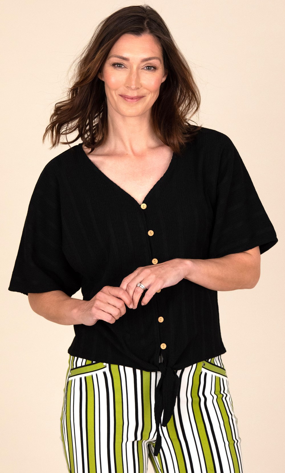 Textured Short Sleeve Tie Front Blouse