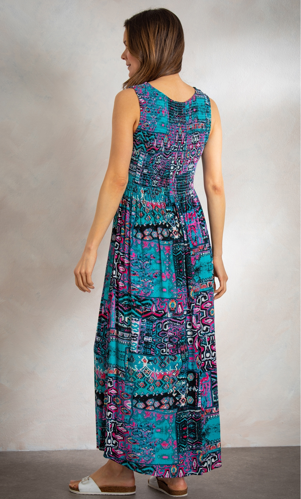 Printed Sleeveless Smocked Maxi Dress