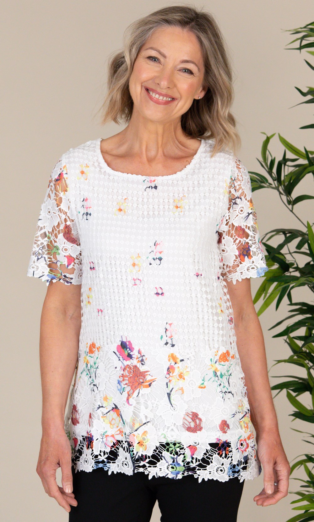 Anna Rose Printed Short Sleeve Lace Top