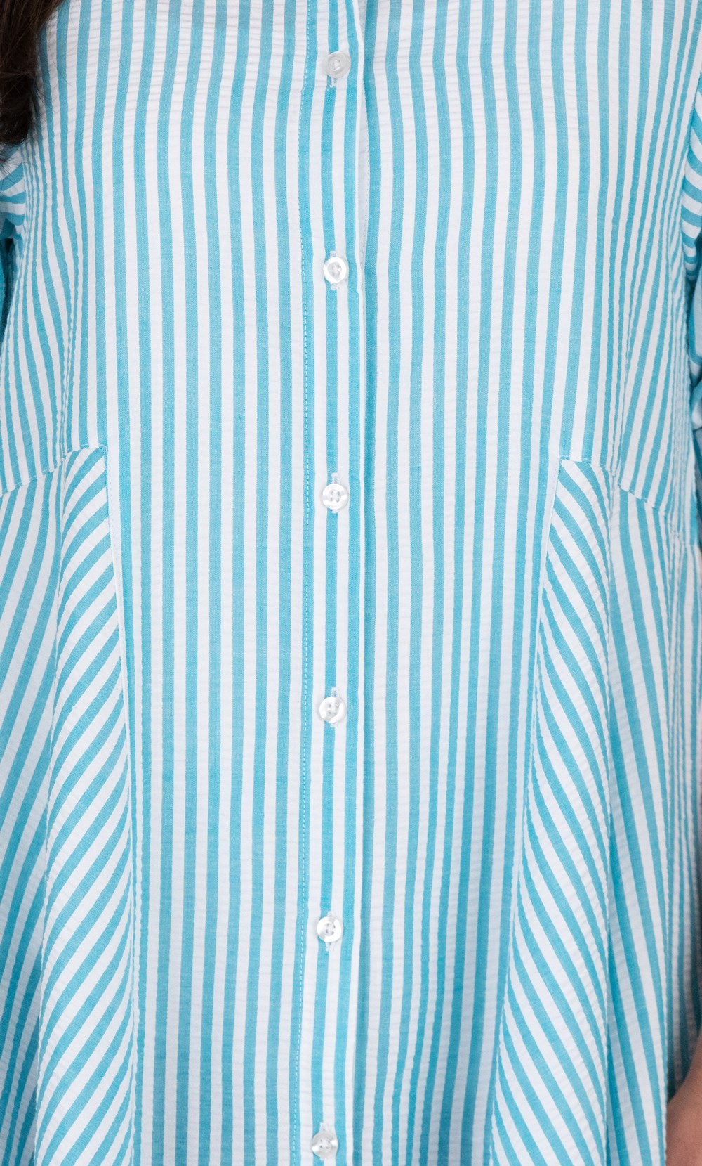 Oversized Striped Seersucker Dipped Hem Shirt