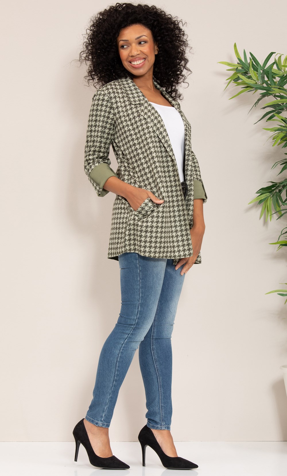 Open Front Suedette Dogtooth Jacket