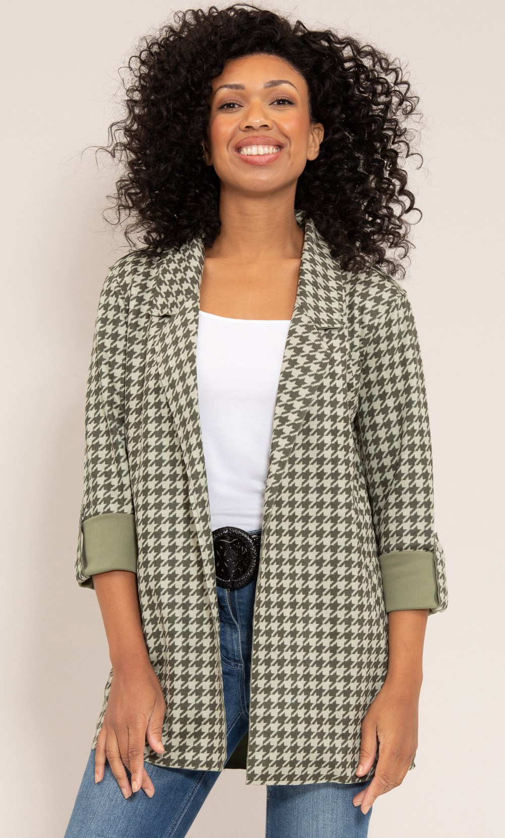 Open Front Suedette Dogtooth Jacket