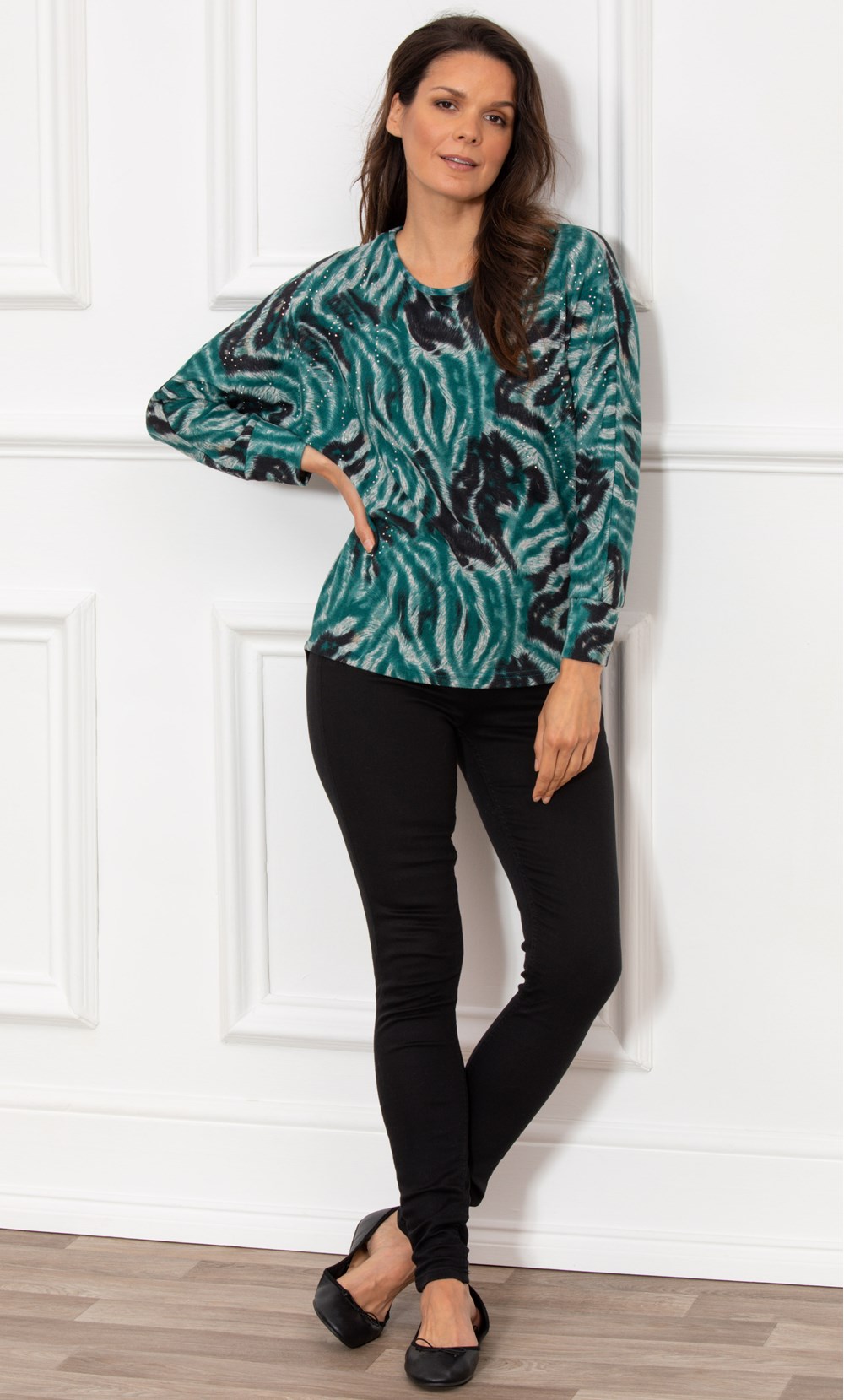 Embellished Animal Print Batwing Knit Top