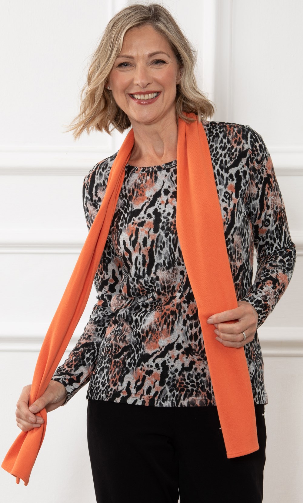 Brands - Anna Rose Anna Rose Animal Print Brushed Knit Top With Scarf Black/Orange/Multi Women’s
