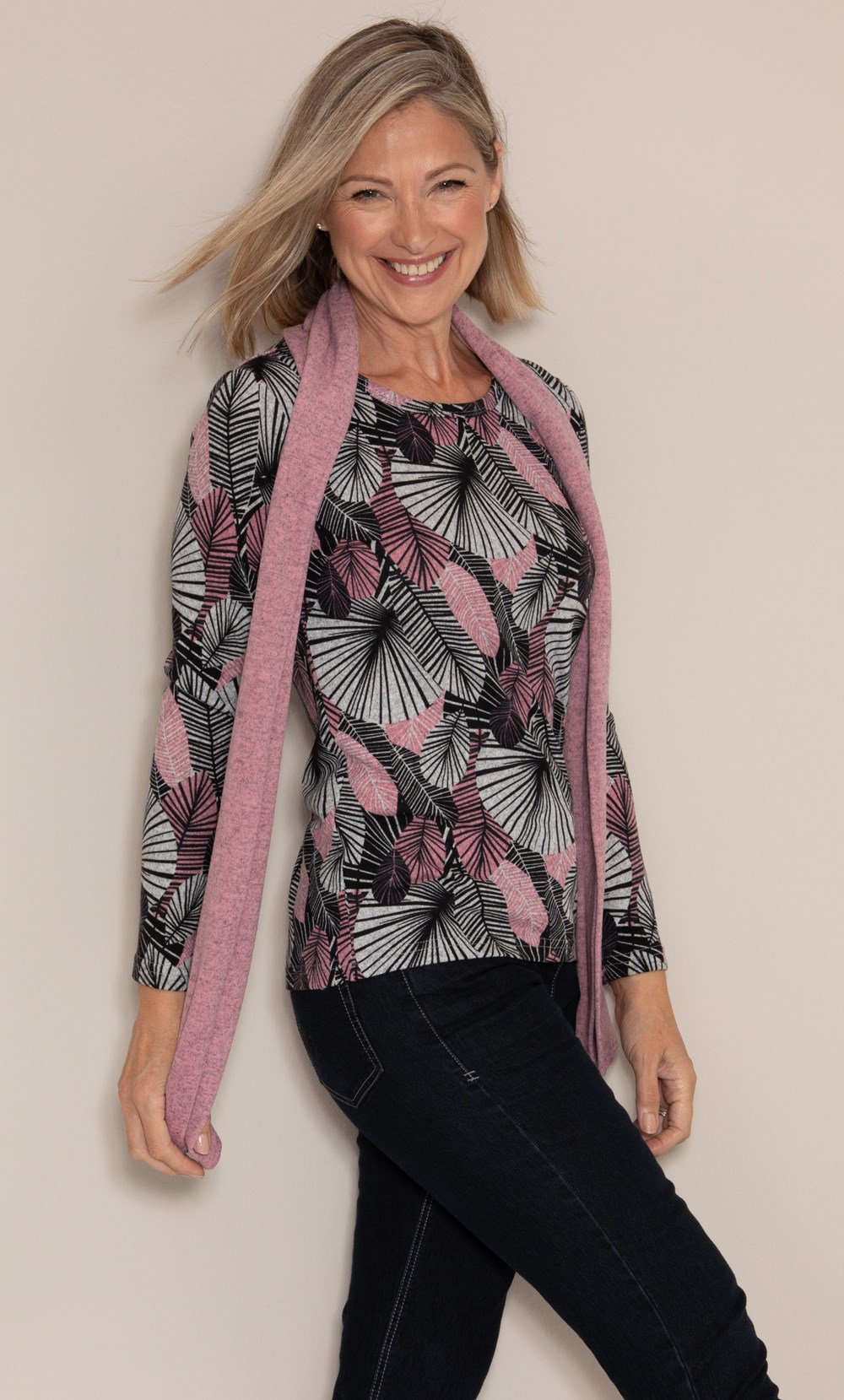 Anna Rose Printed Brushed Knit Top with Scarf