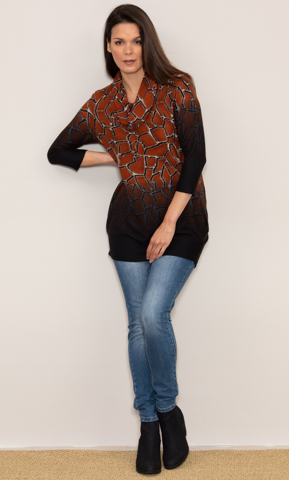 Giraffe Print Brushed Knit Cowl Neck Tunic