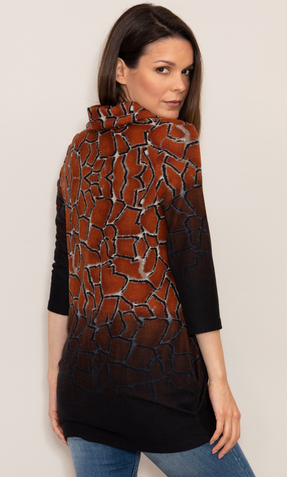 Giraffe Print Brushed Knit Cowl Neck Tunic