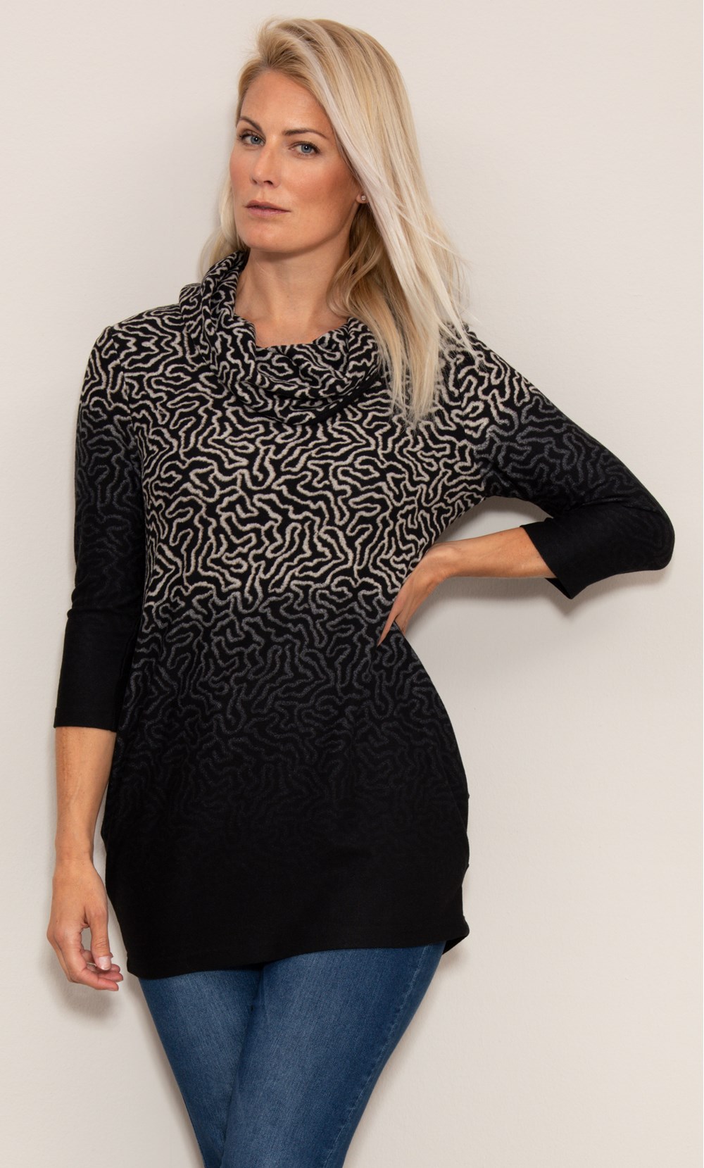Printed Brushed Knit Cowl Neck Tunic