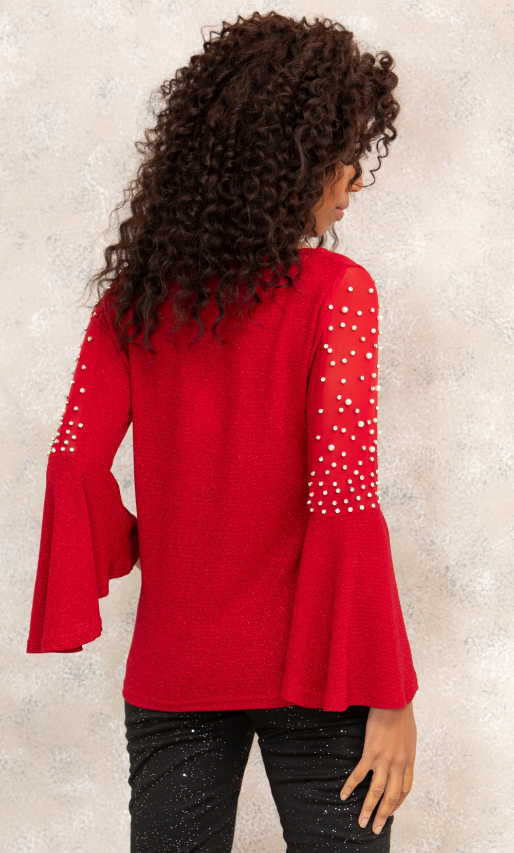 Embellished Bell Sleeve Shimmer Top